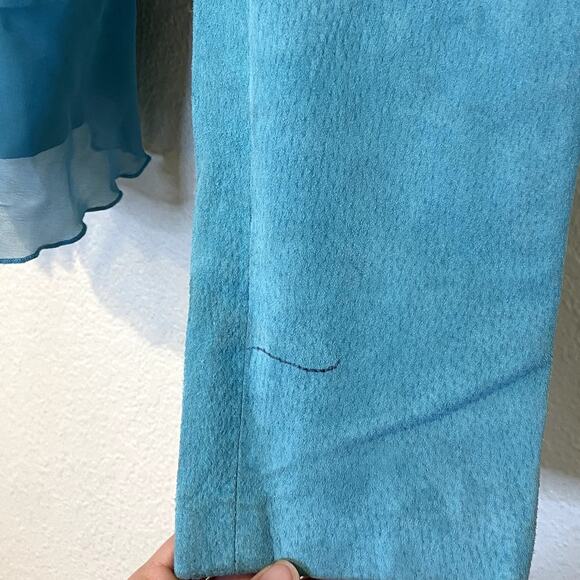 VTG Dialogue Teal Genuine Suede Leather Draped Chiffon Ruffled Jacket Size M Y2K - Picture 5 of 7